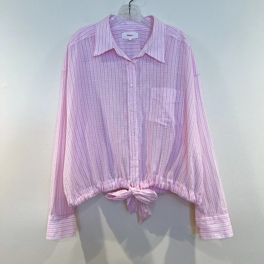 XiRENA Pink Striped Tie Front Button Down Lightweight Classic Designer Blouse XL - Picture 2 of 10